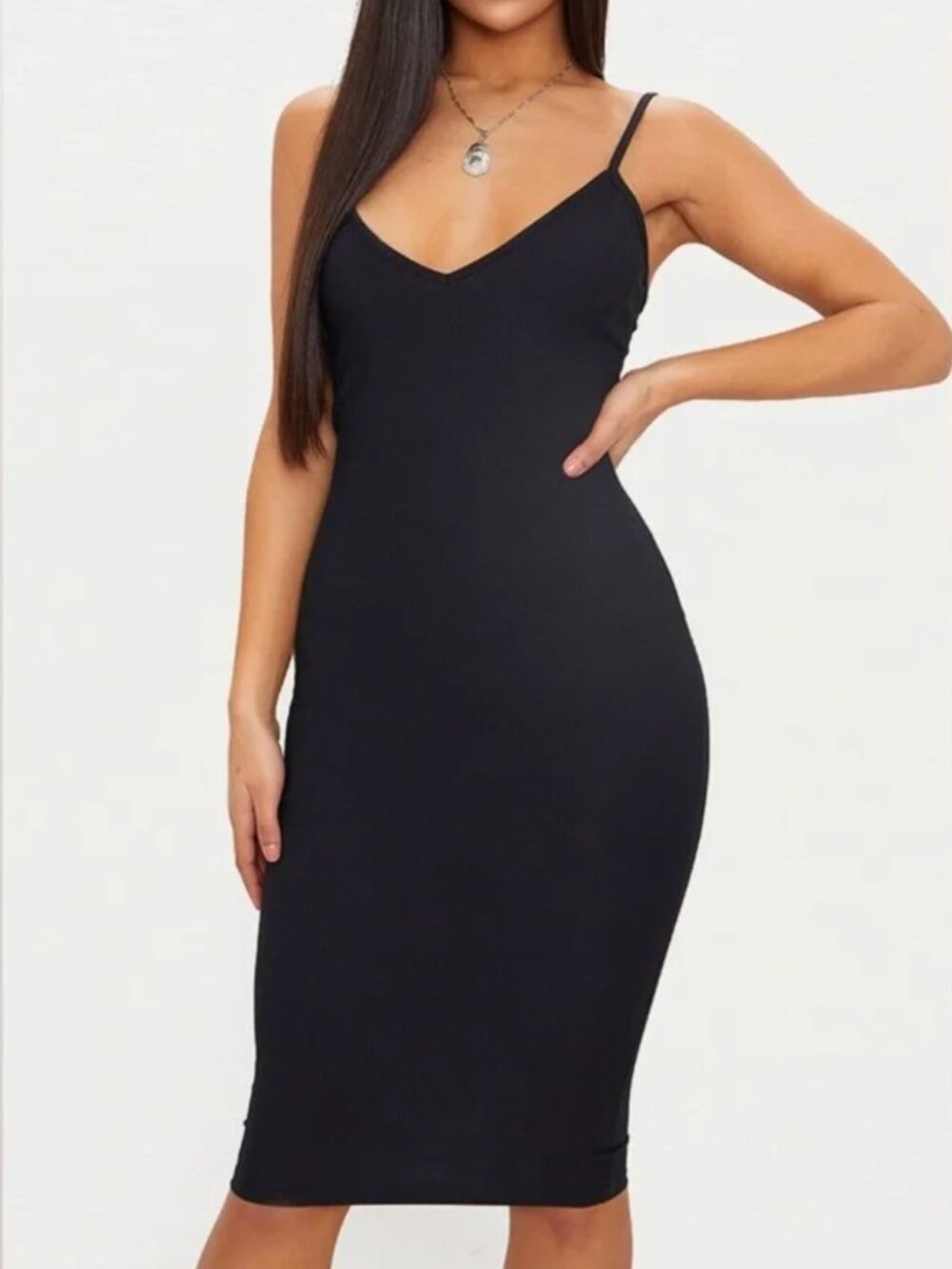 NWT PrettyLittleThing Black Ribbed Plunge Midi Dress Size 4